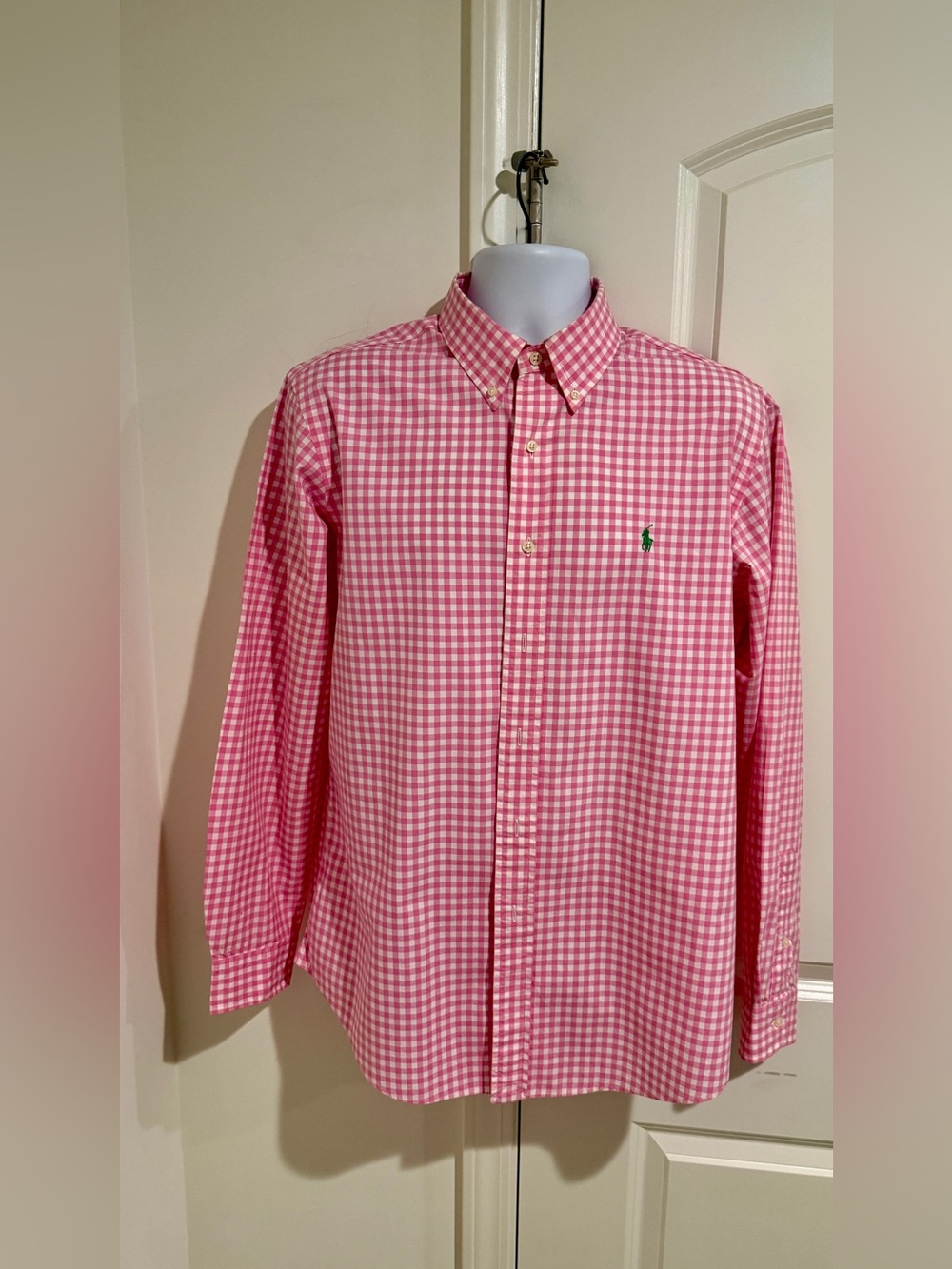 Ralph Lauren Pink Gingham Button-Down Shirt with Green Polo Logo